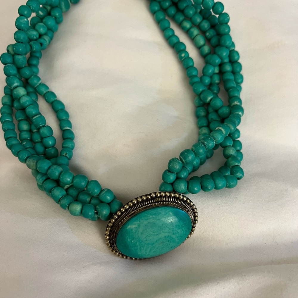 Green 5 strand necklace, used costume jewelry